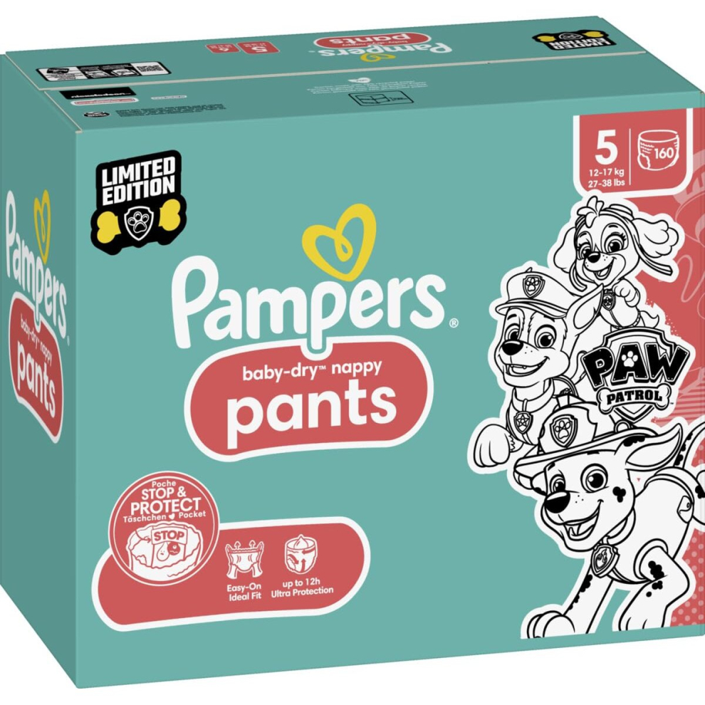 Pampers Baby-Dry Pants Taille 5 (12-17 kg), 160 couches-culottes BAbA, Pack 1 Mois, Adition PatPatrouille A la Rescousse contre les Fuites, Faciles A