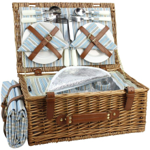 HappyPicnic Wicker Picnic Basket Set for 4 Persons Large Willow Hamper with Large Insulated cooler compartment, Free Waterproof Blanket and cutlery S