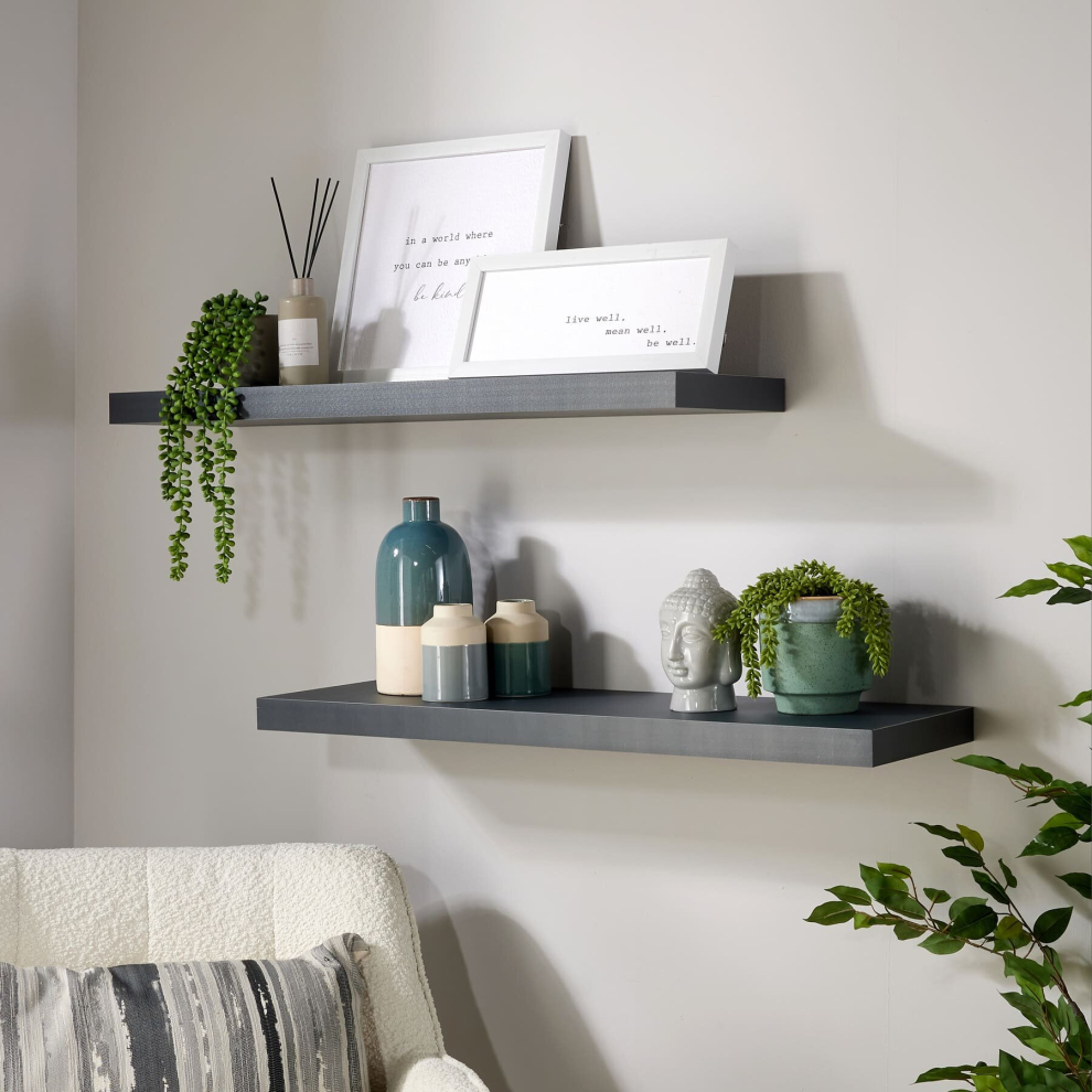 (Matte Grey) Home Source Pair of 80cm Floating Wall Mounted Shelves