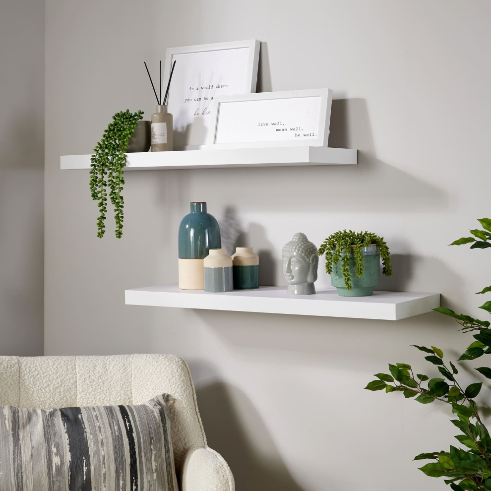 (White) Home Source Pair of 80cm Floating Wall Mounted Shelves