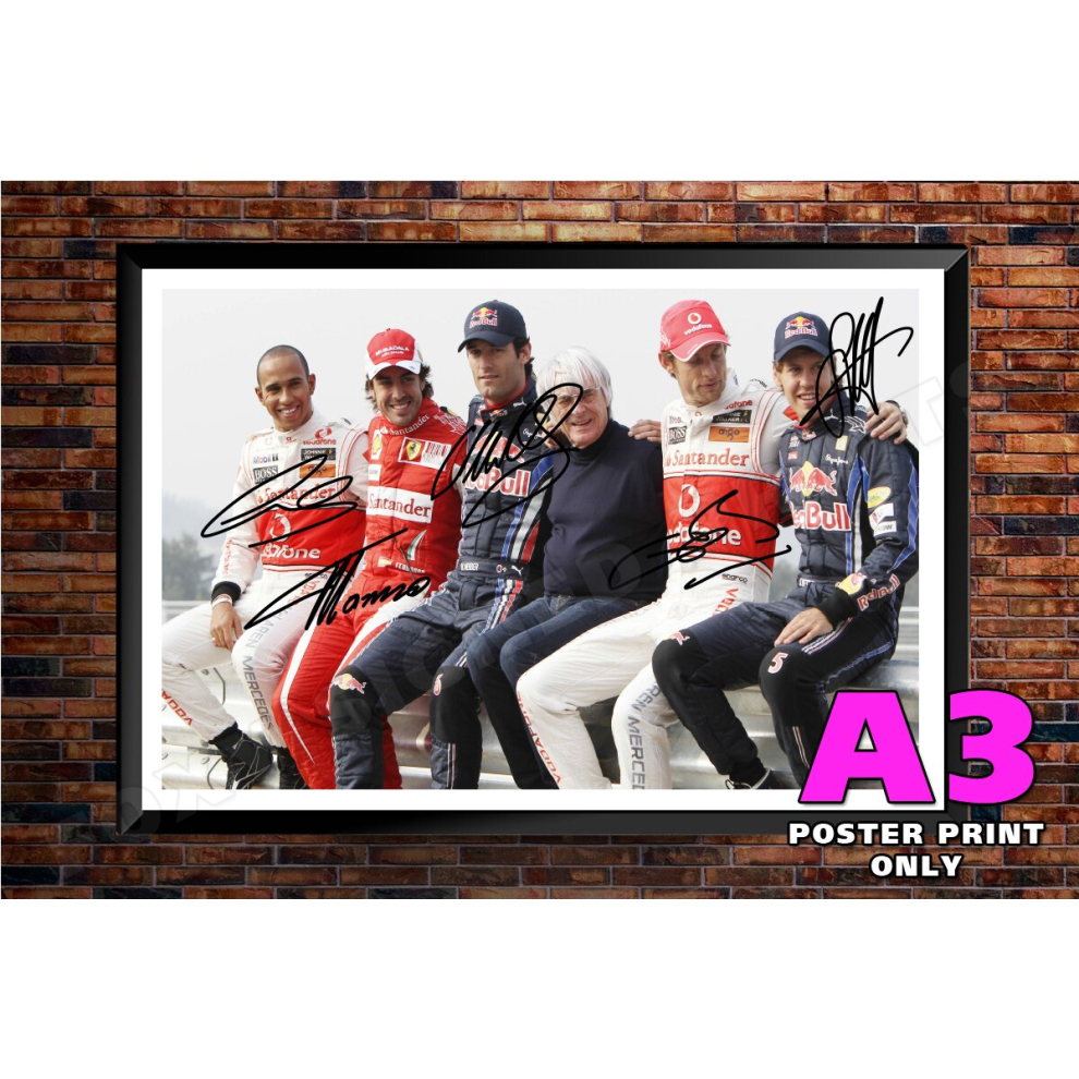 (A3) Lewis Hamilton Fernando Alonso Mark Webber Jenson Button Sebastian Vettel (Rr) - Signed Autograph A4 A3 A2 A1 Poster Photo Print Wall Art - (BLAC