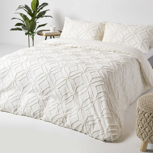 Homescapes (Double, White) Diamond Cotton Tufted Duvet Cover Set 2