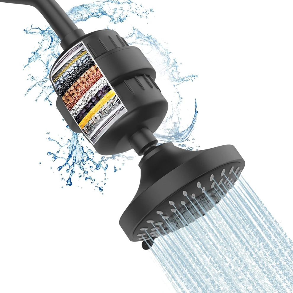 Shower Head and 15 Stage Shower Filter Combo, High Pressure 5 Spray Settings Filtered Showerhead with Water Softener Filter Cartridge