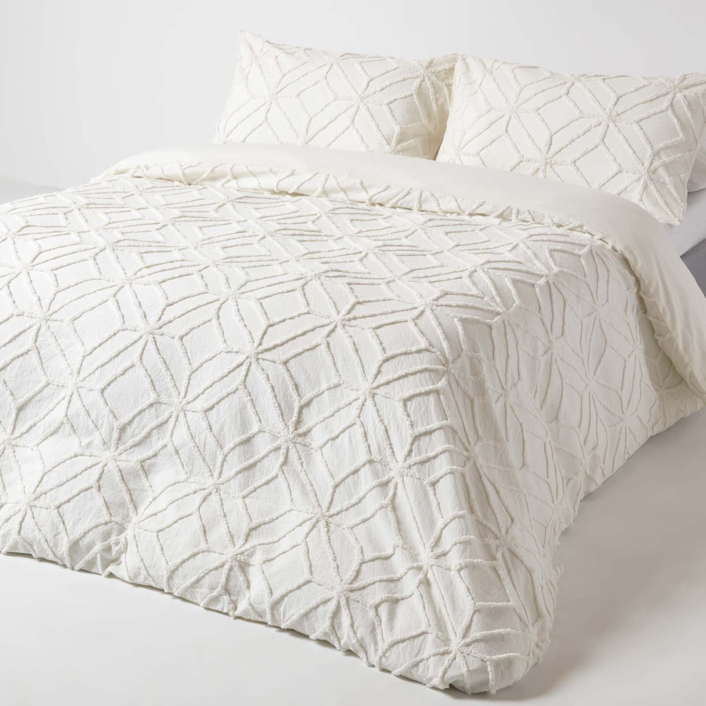 Homescapes (Single, ) Diamond Cotton Tufted Duvet Cover Set White