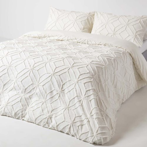 Homescapes (Double, White) Diamond Cotton Tufted Duvet Cover Set