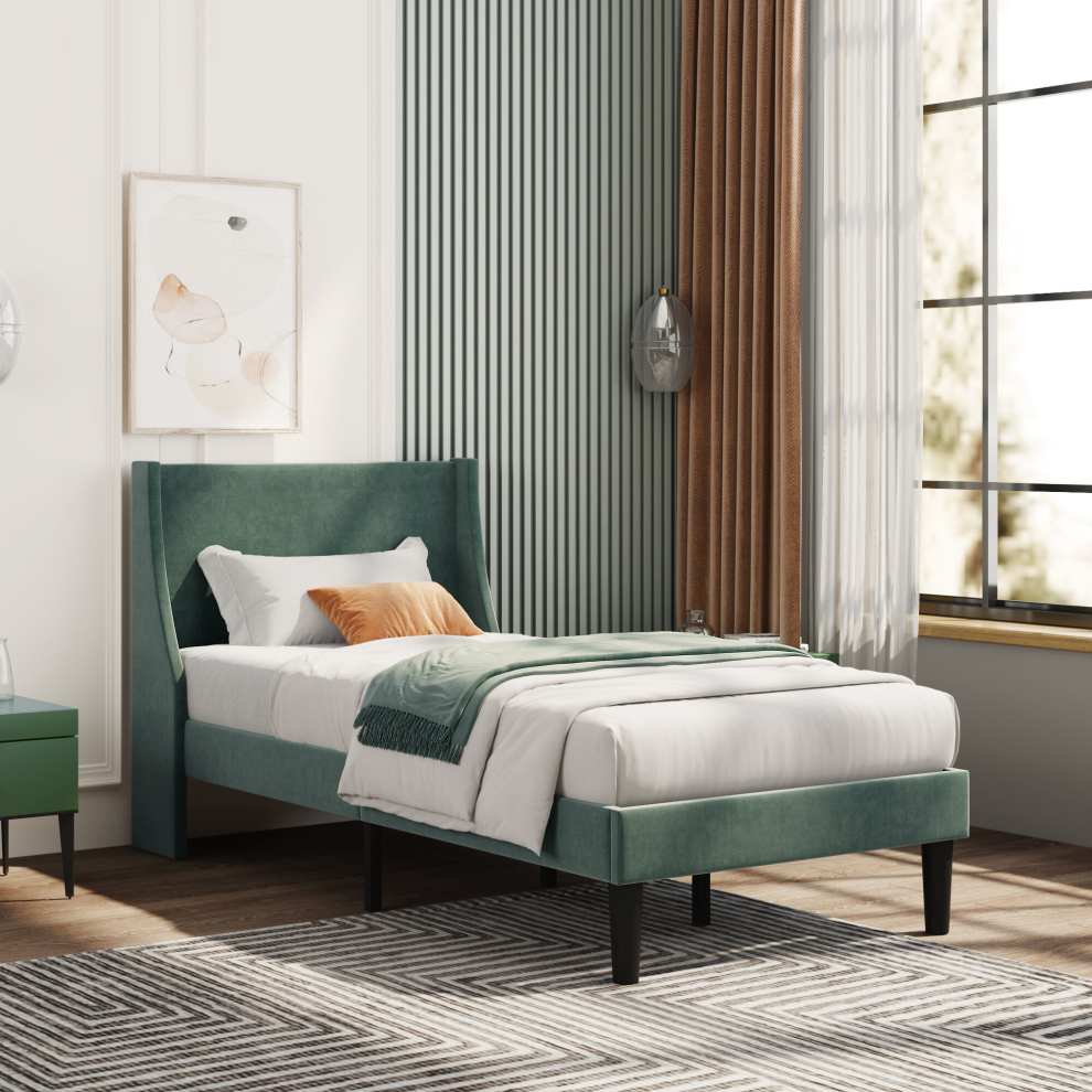 Abrihome Single Bed Velvet Dark 3Ft Upholstered Bed With Winged Headboard, Wood Slat Support Green