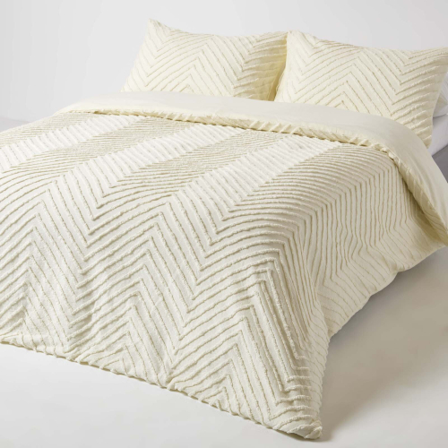 Homescapes (Double, Off White) Chevron Cotton Tufted Duvet Cover Set
