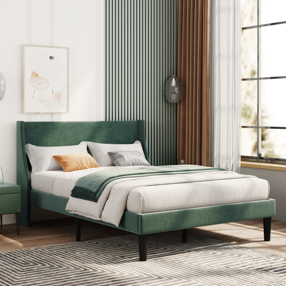 Double Bed Velvet Dark Green 4FT6 Upholstered Bed with Winged Headboard, Wood Slat Support