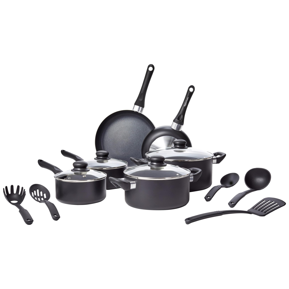 Amazon Basics Non-Stick cookware 15-Piece Set, Pots, Pans and Utensils, Black