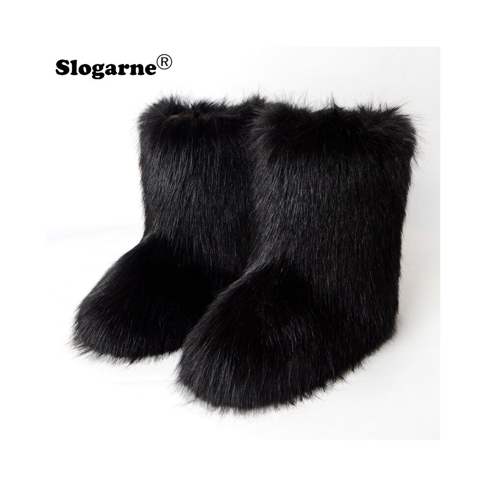 Maxpower (39, Black) Women's Winter Fluffy Faux Fox Fur Boots Woman Plush Warm Snow Boots Luxury Footwear Girls' Furry Fur Bottes Fashion Winter Shoe