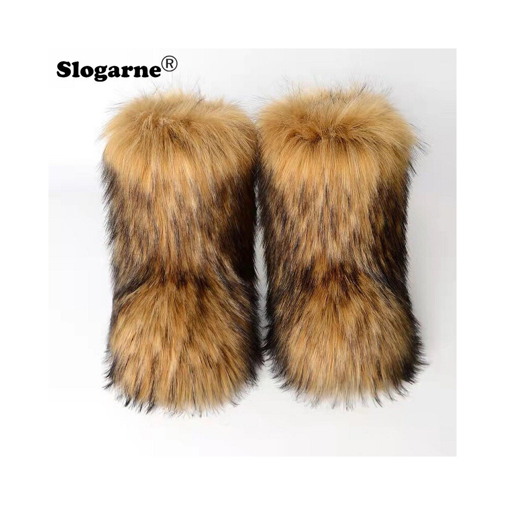 (39, Brown) Women's Winter Fluffy Faux Fox Fur Boots Woman Plush Warm Snow Boots Luxury Footwear Girls' Furry Fur Bottes Fashion Winter Shoe