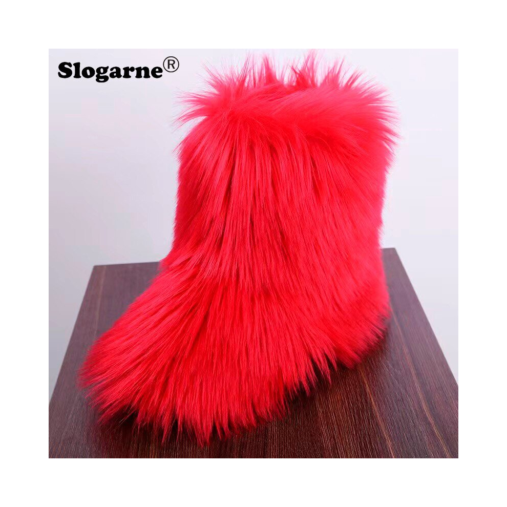 (41, Red) Women's Winter Fluffy Faux Fox Fur Boots Woman Plush Warm Snow Boots Luxury Footwear Girls' Furry Fur Bottes Fashion Winter Shoe