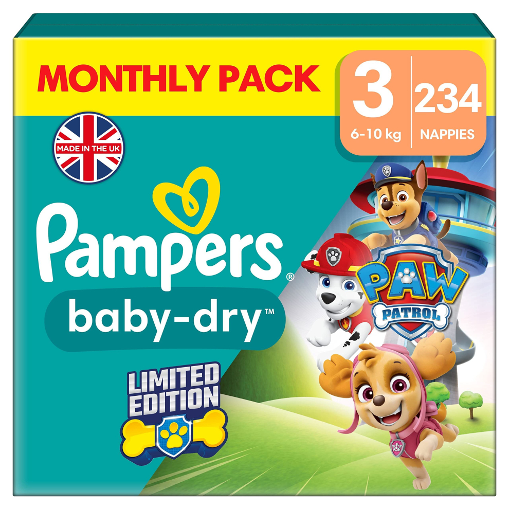 Pampers Baby-Dry Paw Patrol Edition Size 3, 234 Nappies, 6kg-10kg, Monthly Pack