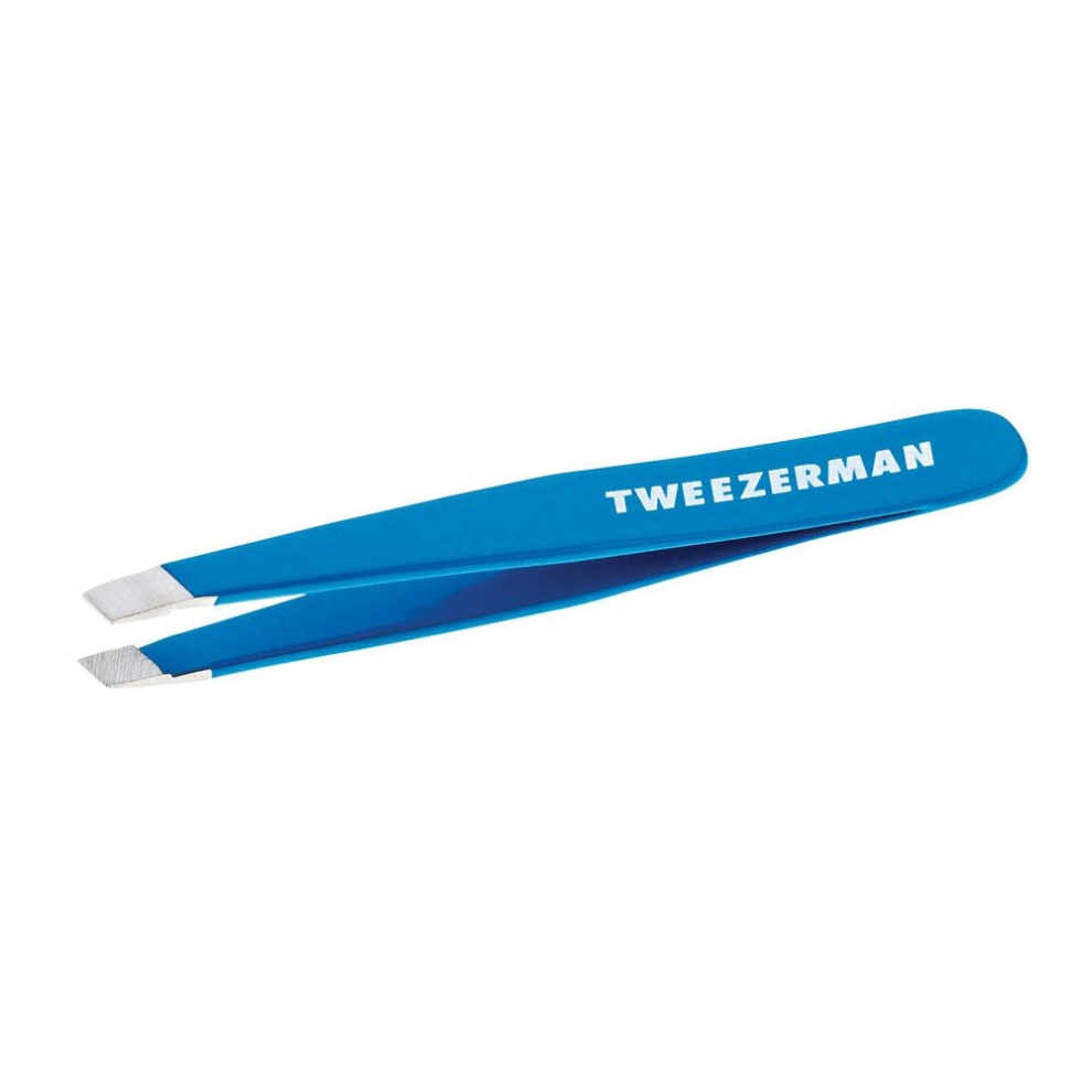 Tweezerman Mini Slant Travel Tweezers For Eyebrows, Facial Hair, Ingrown Hair (Bahama Blue)