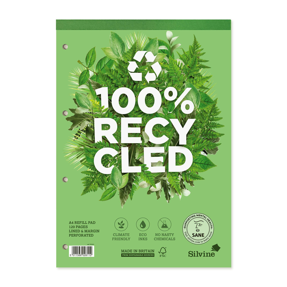 Silvine A4 Premium Recycled Refill Pad Lined with Margin,White, 120 Pages of 100% Recycled Paper Ref R101