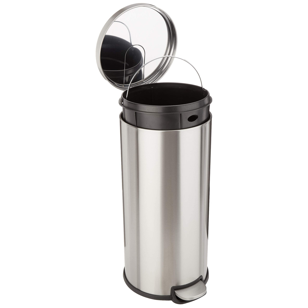 Amazon Basics Round cylindrical Trash can With Soft-close Foot Pedal, 30 Liter79 gallon, Brushed Stainless Steel