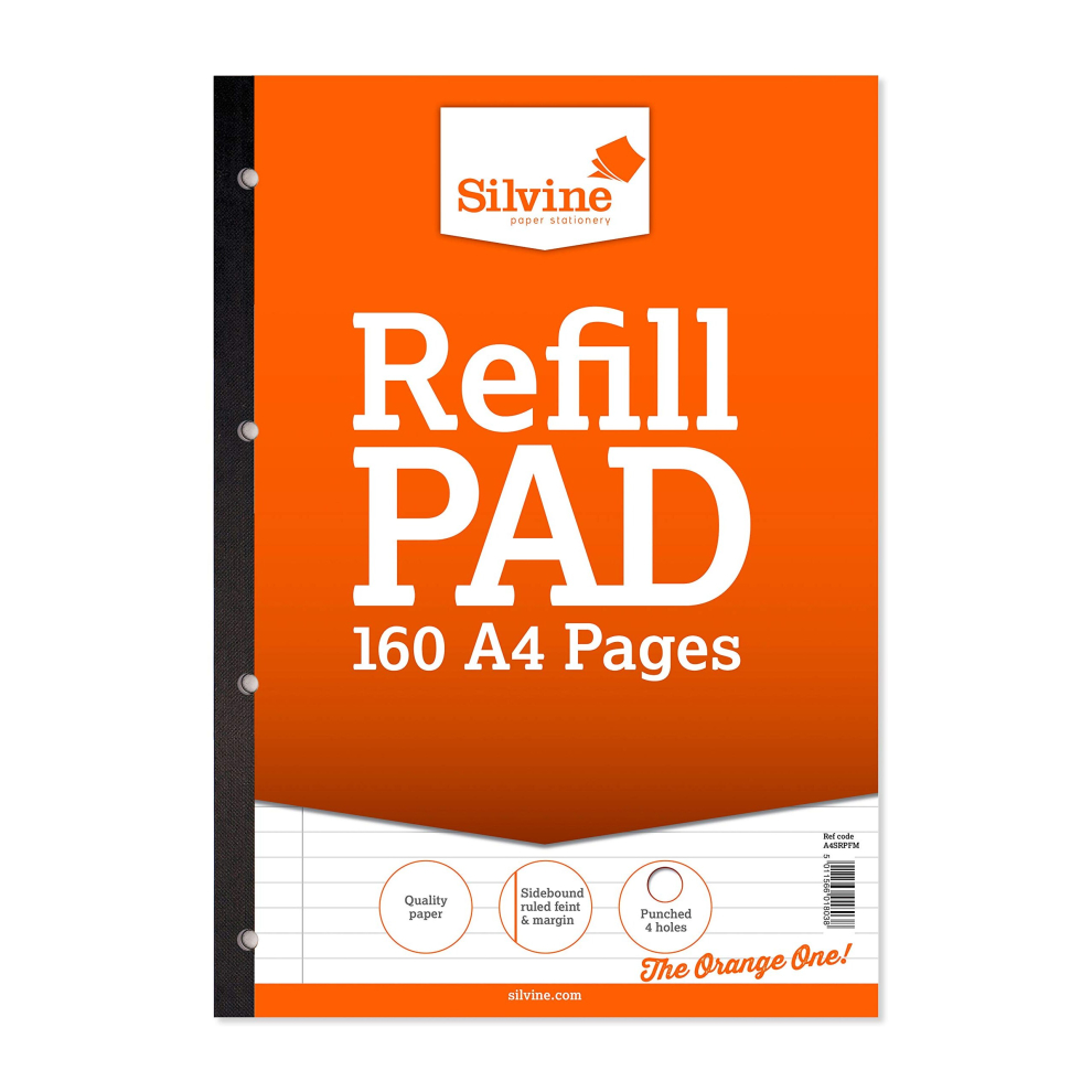 Silvine 160 Page A4 Refill Pad, Side Bound And Punched 4 Holes Ruled 8Mm Feint With Margin Ref A4srpfm White