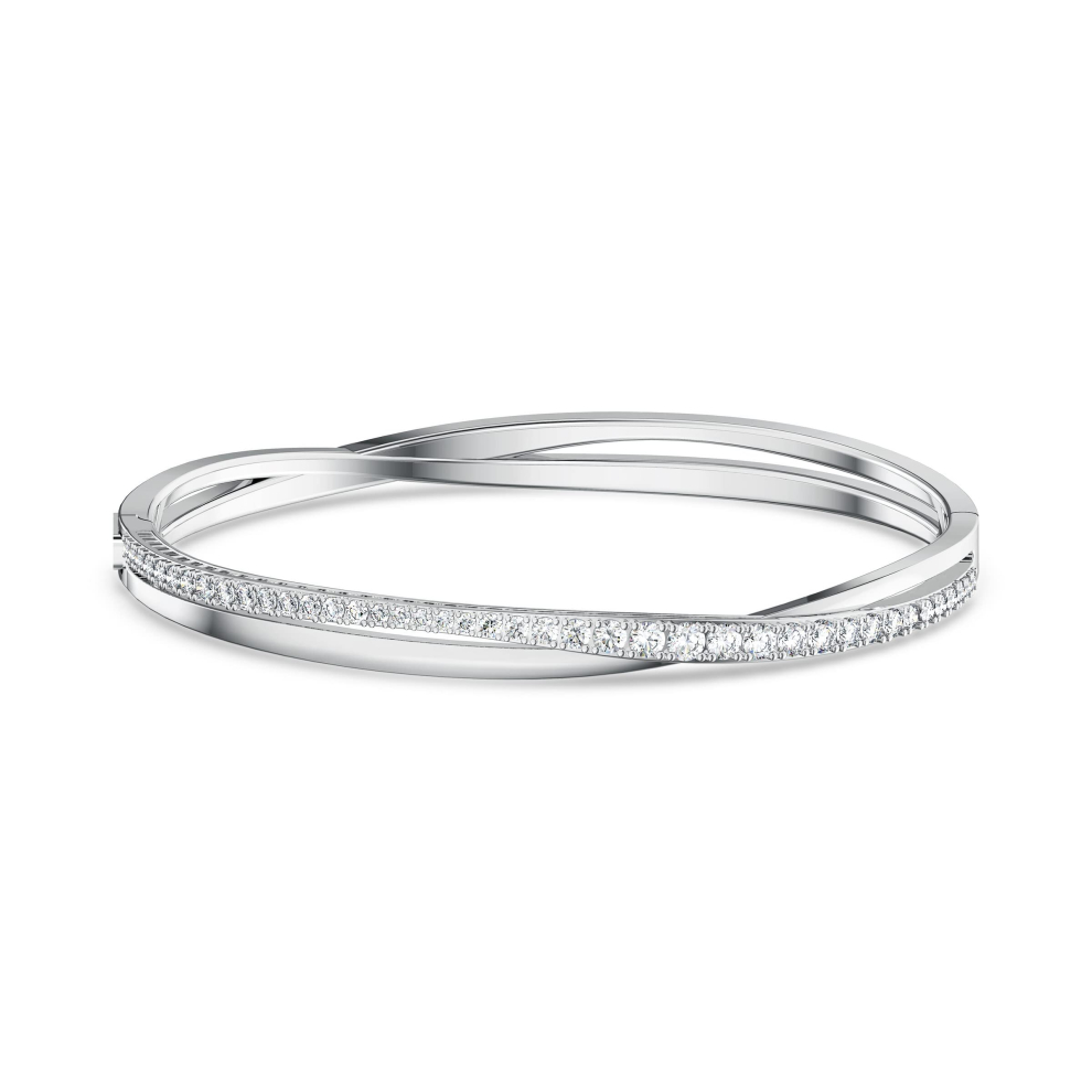 Swarovski Twist Rows Womens Bangle Bracelet with clear Swarovski crystals on a Rhodium Plated Setting, Size L