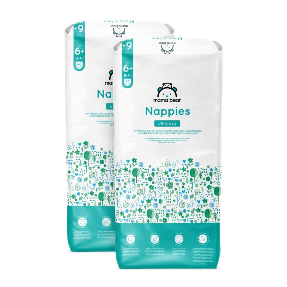 Amazon Brand - Mama Bear - Ultra Dry Nappies - Size 6+ (16+ kg) - with channels - 132 Nappies (2 Packs x 66) - New Version-image-OPC-PCXZJFS-NEW