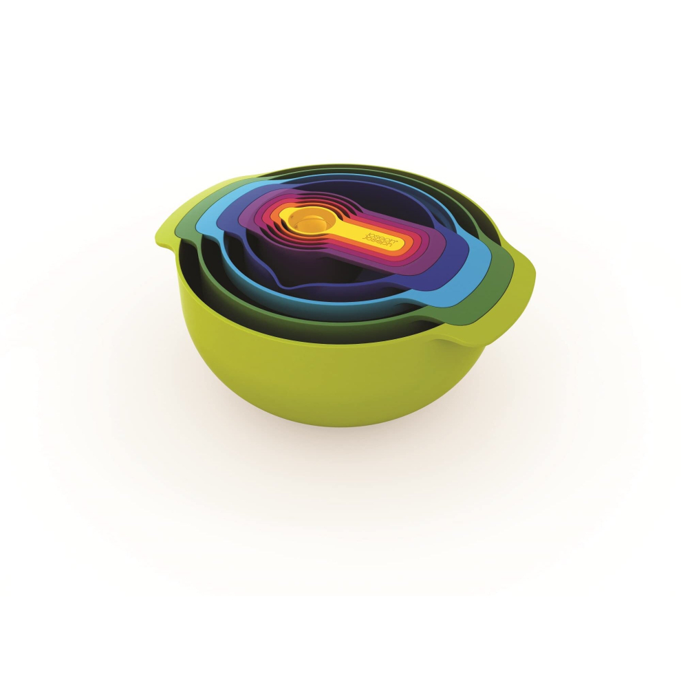 Joseph Joseph Nest 9 Plus, 9 Piece compact Food Preparation Set with Mixing Bowls, Measuring cups, Sieve and colander, Multicolor