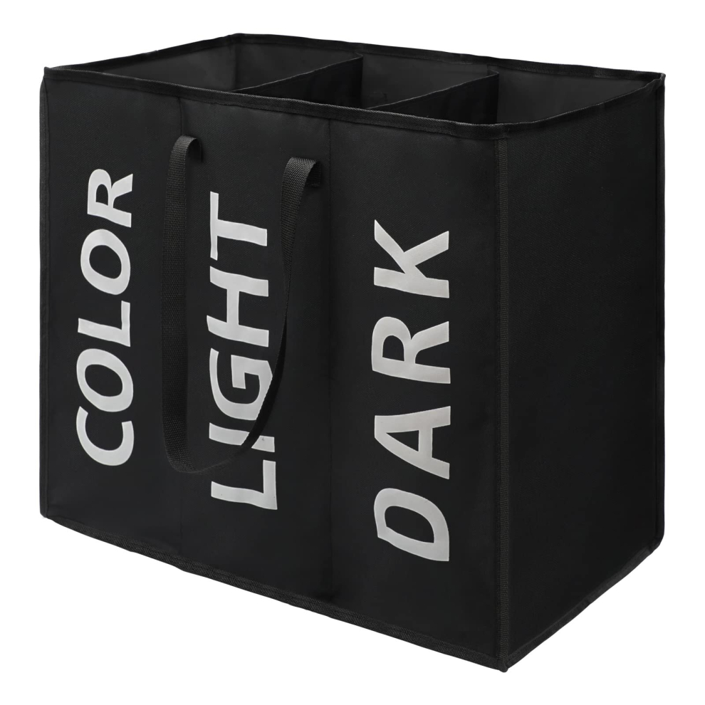 Maxsilan Large Laundry Basket with 3 compartments, collapisable Laundry Bag, Foldable Laundry Hamper, Folding Washing Storage Bin, Black