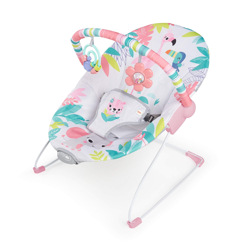 Bright Starts Baby Bouncer Soothing Vibrations Infant Seat - Removable Toy Bar, Nonslip Feet, 0-6 Months Up To 20 Lbs (Flamingo Vibes, Pink)