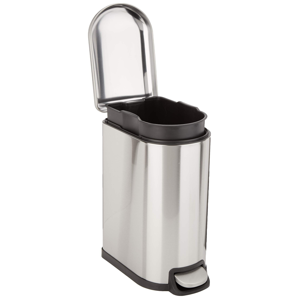 Amazon Basics Smudge Resistant Small Rectangular Trash can With Soft-close Foot Pedal For Narrow Spaces, 10 Liter26 gallon, Brushed Stainless Steel