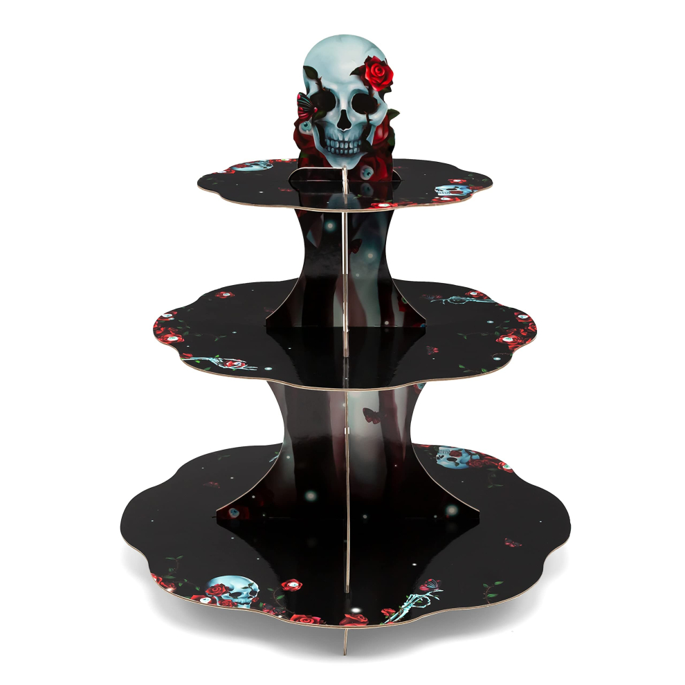 Gothic Rose Skull Cupcake Stand for Halloween Party Decoration Floral Skeleton Cake Serving Tray Gothic Birthday Wedding Proposal Anniversary Table De