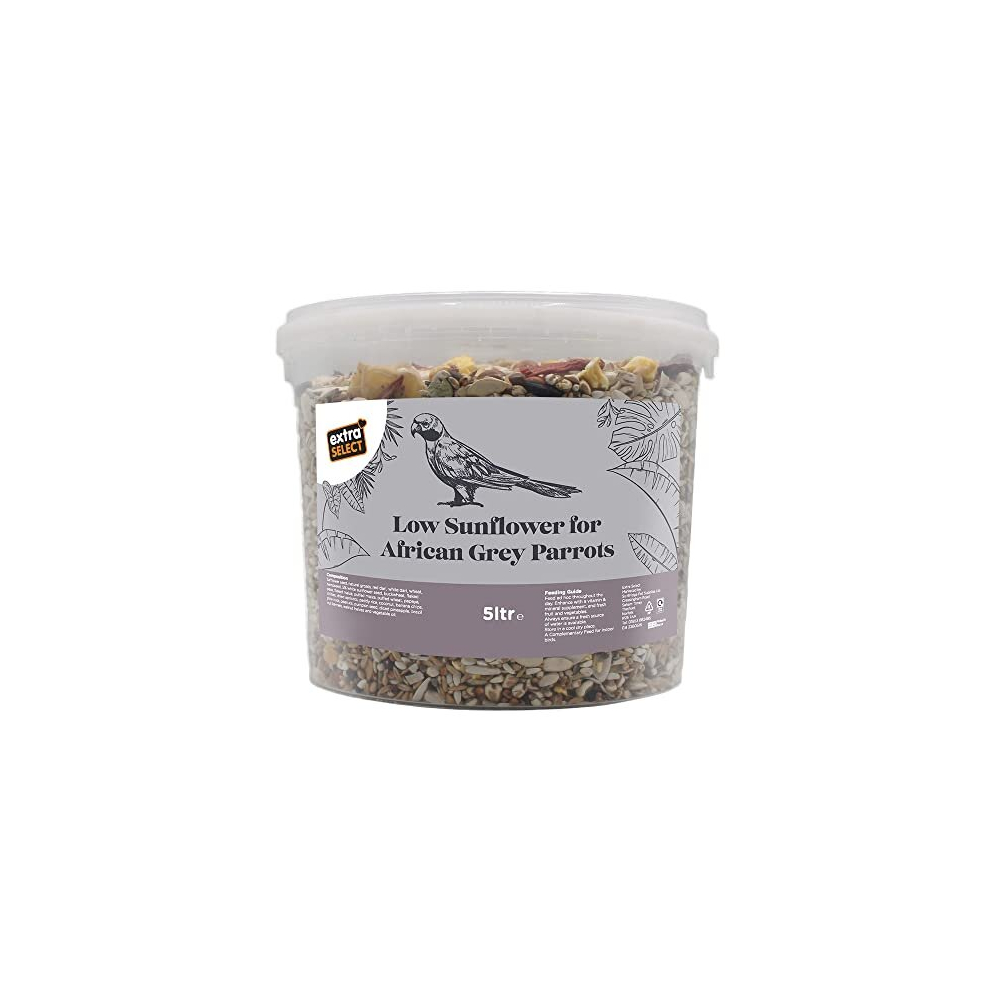 Extra Select Low Sunflower Blend African Grey Parrot Food: 24 Ingredient Parrot Seed mix for Health & Vitality - 5 Litre Tub