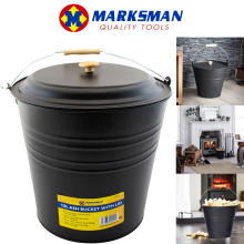 12L Metal ASH Bucket With Lid & Wood Handle Black Fireplace Pit Bin UK