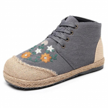 Women Vintage Embroidered Flats Booties Shoes High Top Lace Up Canvas Sneakers Female Linen Casual Leisure Espadrilles