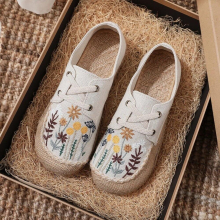 Flower Embroidery Women Low Top Lace Up Linen Canvas Sneakers Comfortable Espadrilles Flat Shoes Red Grey