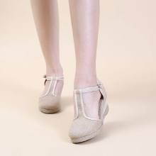 Bohemian Women Linen Cotton Wedge Espadrilles Sandals T-Strap Summer Comfortable High Heel Platforms Shoes