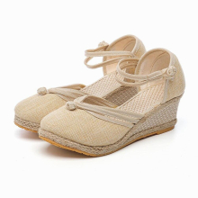 Women Linen Cotton High Heel Wedge Espadrilles Sandals Summer Ladies Ankle Strap Comfortable Casual Shoes