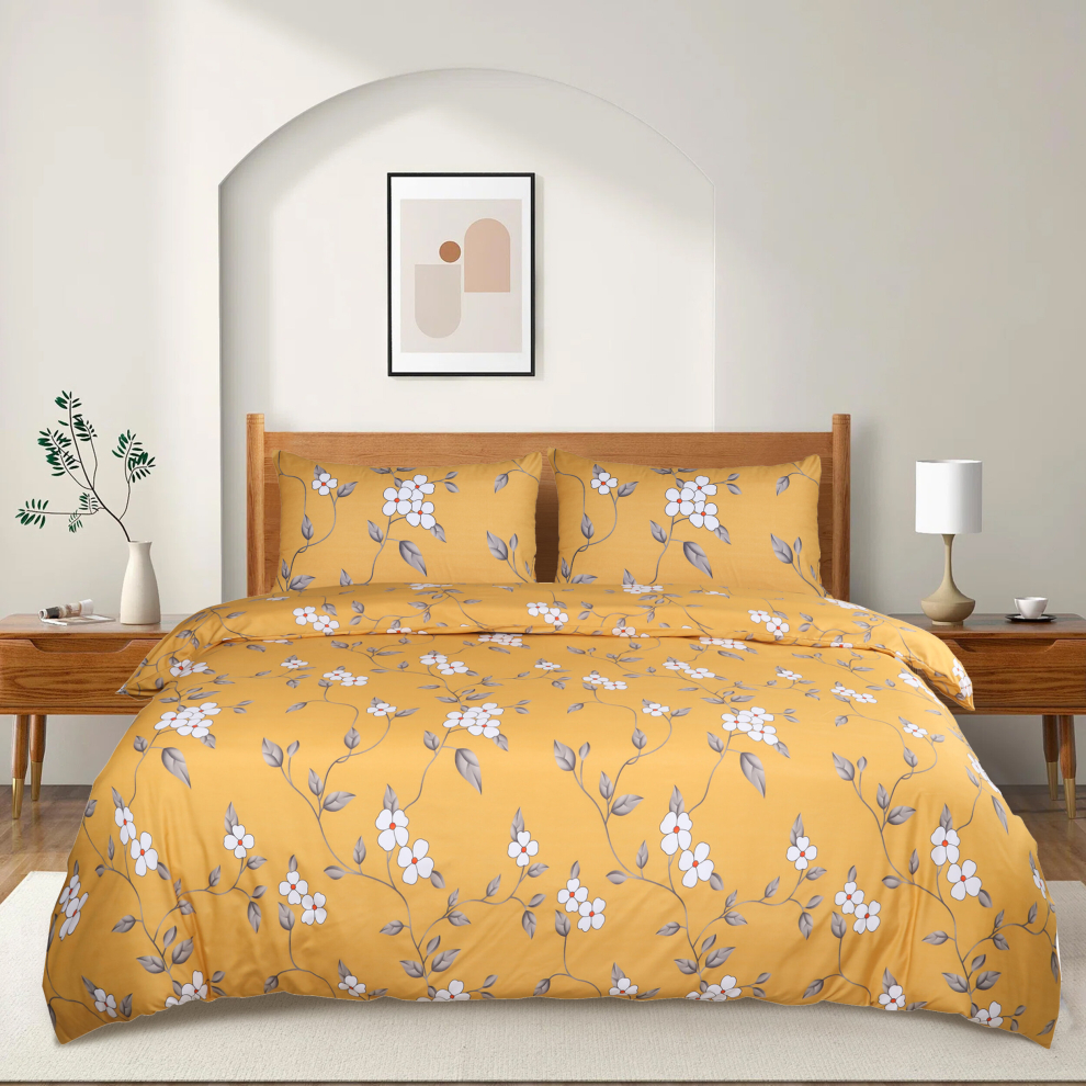 (Ochre Flower , Super King) Printed Duvet Quilt Covers Reversible Floral Soft Bedding Set All UK Sizes