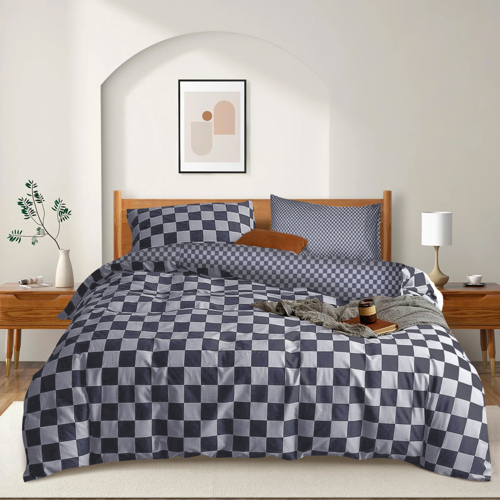 (Grey Chess, King) Printed Duvet Quilt Covers Reversible Floral Soft Bedding Set All UK Sizes