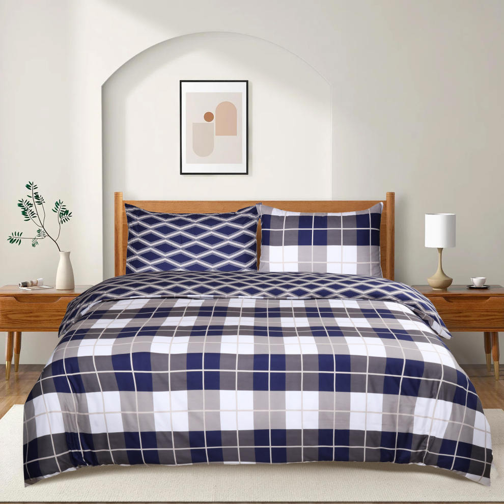 (Navy Check, Single) Printed Duvet Quilt Covers Reversible Floral Soft Bedding Set All UK Sizes