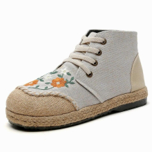 Women Canvas Embroidered High Top Lace Up Espadrilles Sneakers Autumn Casual Booties Shoes Gray Beige