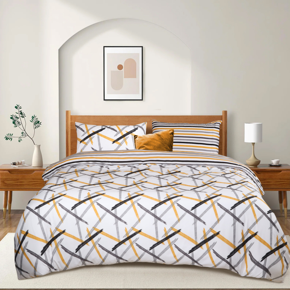 Aspire Homeware (Ochre Stripe Double) Reversible Duvet Cover Bedding Set & Pillowcases Printed Floral Duvets Covers Single Double King