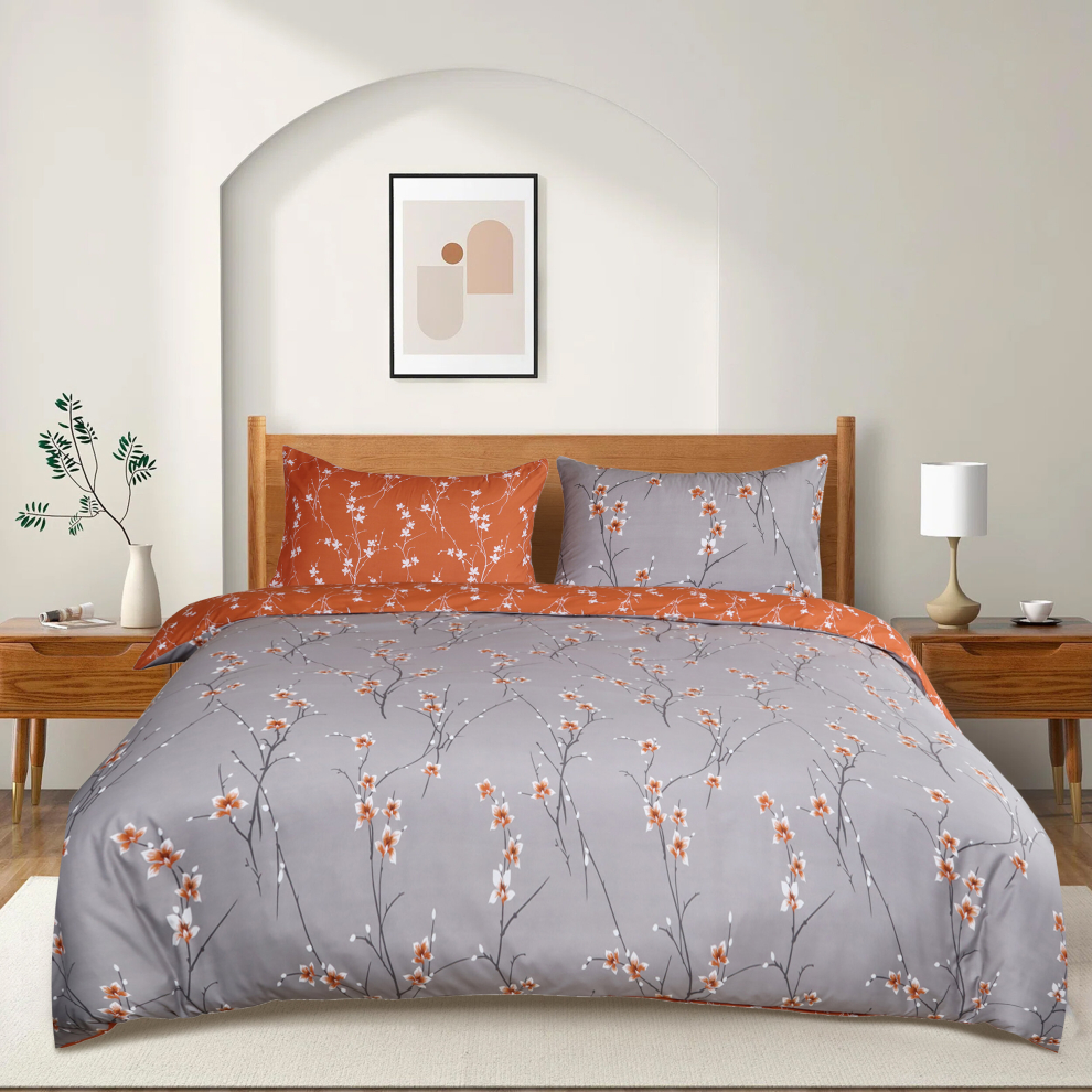 (Rust Flower, DOUBLE) Reversible Duvet Cover Bedding Set & Pillowcases Printed Floral Duvets Covers Single Double King