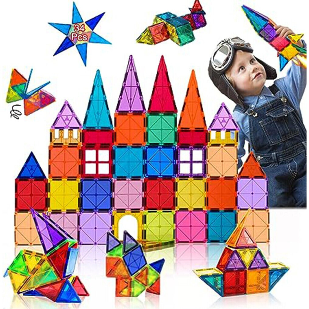 Supersaler 34X Magnetic Tiles Construction Toy Set Kids Building Blocks 3D Puzzle