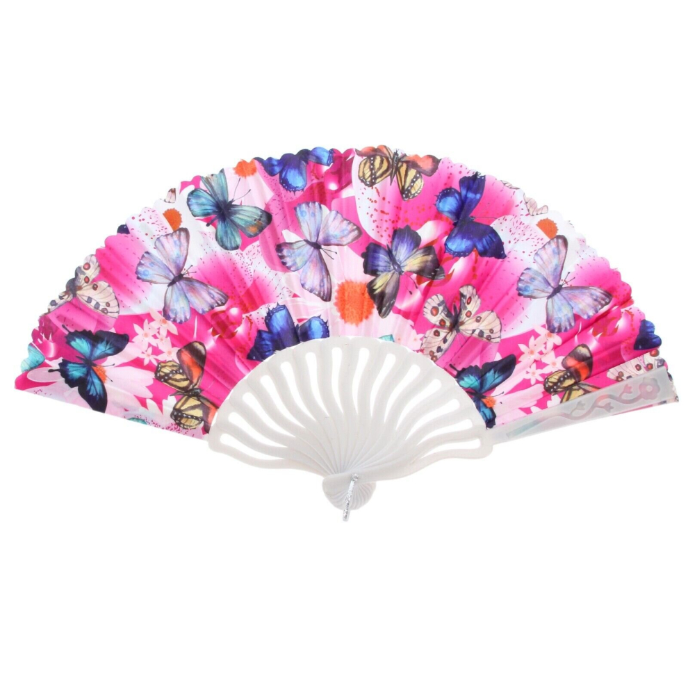 (Dark Pink Butterfly) Hand Held Fans Folding Fabric Spanish Portable