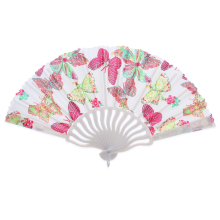 (White & Pink Butterfly) Hand Held Fans Folding Fabric Spanish Portable