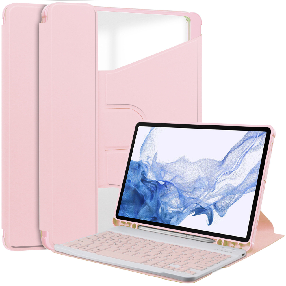 (Pink (Keyboard + Case), Tab S9 FE 11 inch) Applicable Samsung TAB S9 Plus Pen Slot Tablet Case S9 FE Hibernation Leather Case Slamproof Swivel Case