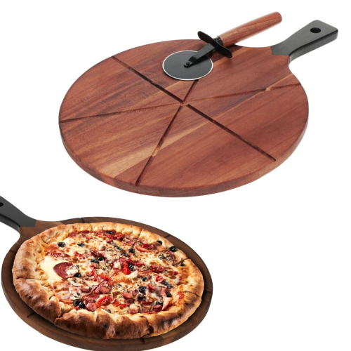 Pizza Board Cutting Serving Wooden Paddle Round Pizza Cutter Wheel