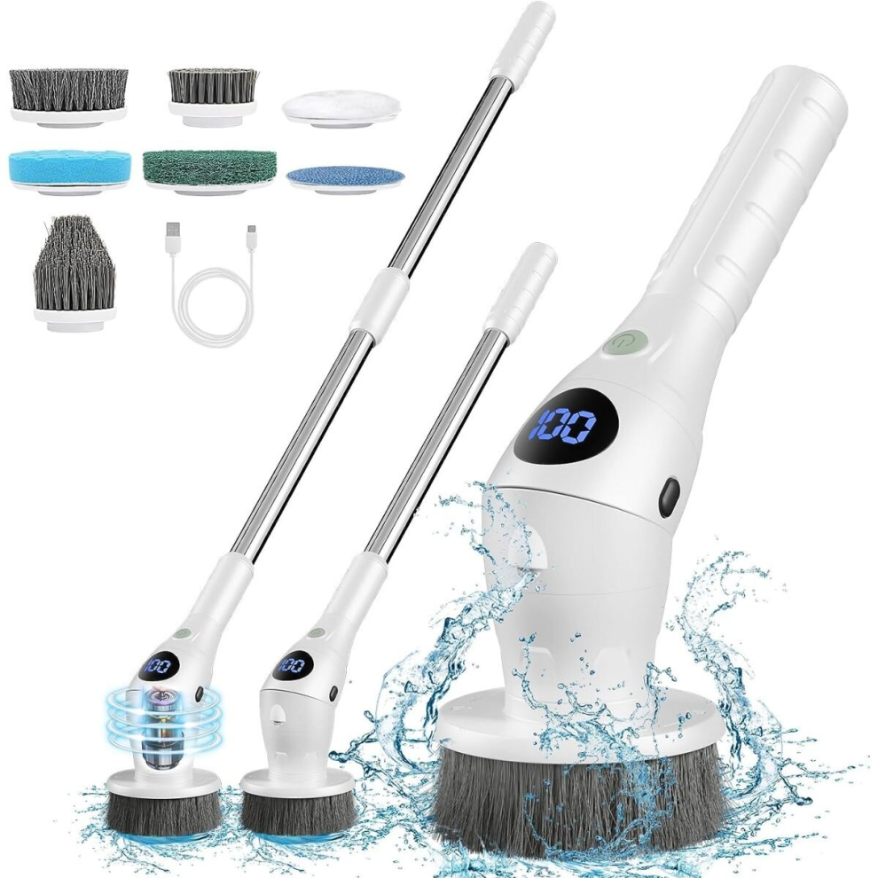 Electric Spin Scrubber, Cordless Electric Cleaning Brush with 7 Replaceable Brush Heads, Shower Cleaning Tool 360 Rotating Power
