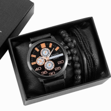 Men Watch Bracelet 3Pcs Set Leather Quartz Analog Watches Business Wristwatch Woven Bracelets Suit Gift for Husband
