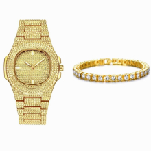 Men Iced Out Watches Bracelet Set Silver Full Rhinestone Cuban Chain Bracelet Wristwatch Relogio Feminino