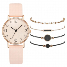 5pcs Set Top Style Womens Leather Band Analog Quartz WristWatch Ladies Watch Women Dress Reloj Clock