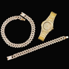 Iced Out Bling Men Women Watch Bracelet Necklace Set Full Rhinestone Calendar Quartz Watches Relogio Feminino Clock Gift